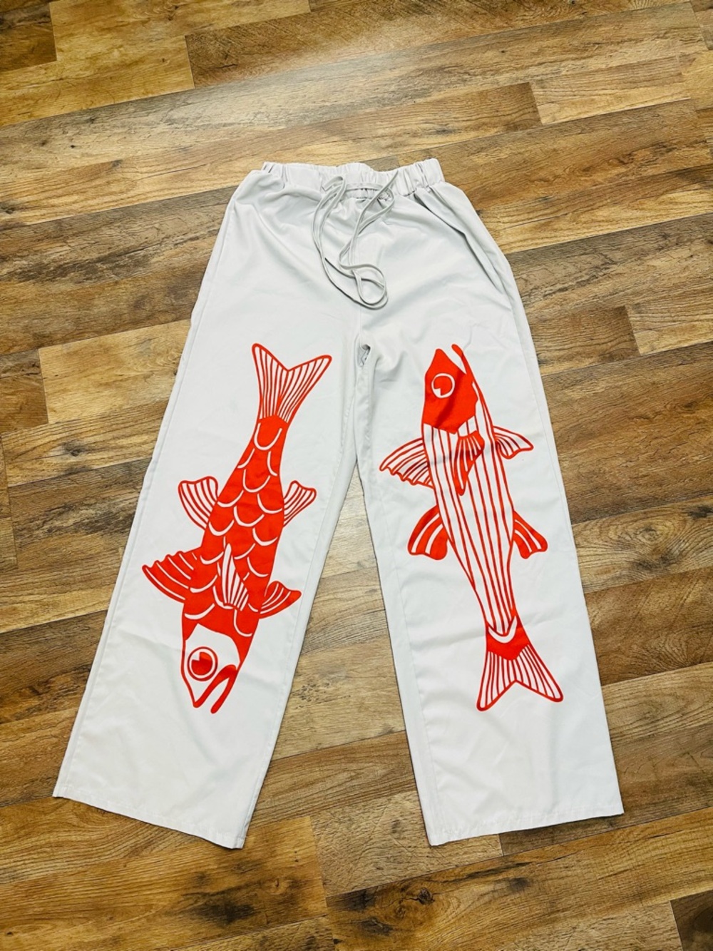 White Wide-Leg Pants with Red Koi Fish Print